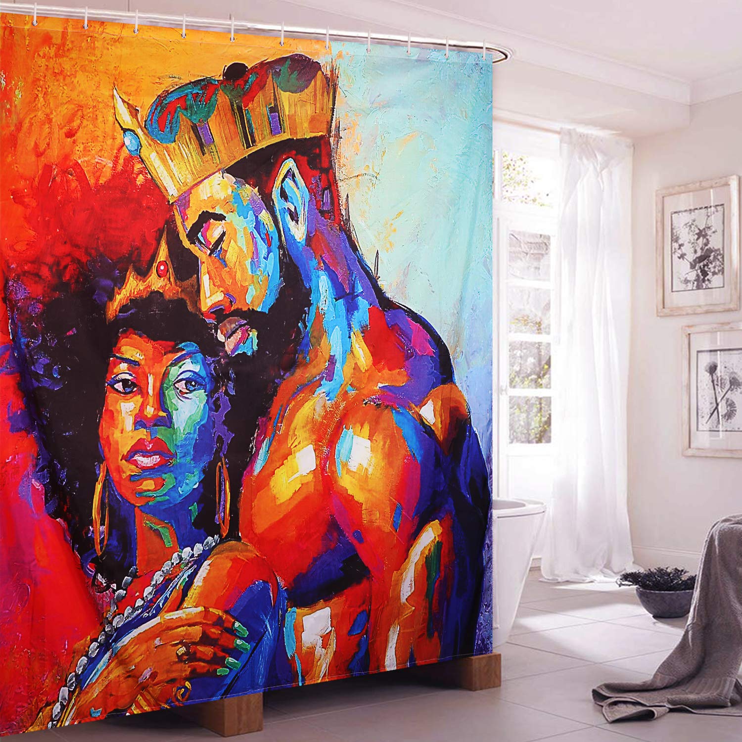 Flymall Shower Curtain Set,Waterproof Washable Polyester Fabric African Couples Painting Shower Curtain Including 12-Pack Shower Hooks for Home Bathroom Decor(71 x 71)