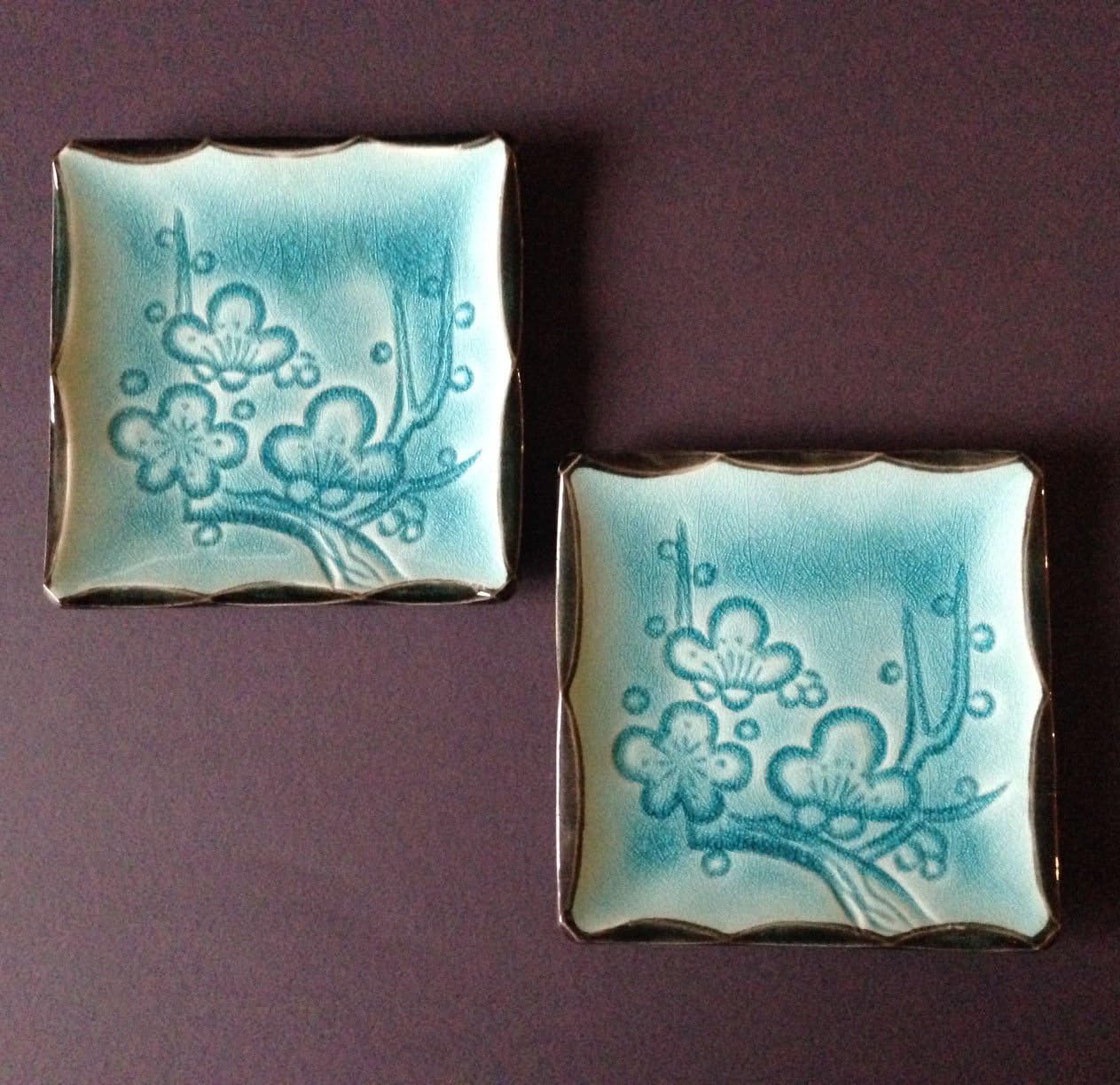 2 PCS. 4.75" Japanese Ceramic Sushi Sashimi Snack Small Dish Plates Crackle Ume Cherry Blossom Design, Made in Japan
