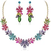 EVER FAITH Wedding Prom Jewelry for Bride Bridesmaid Rhinestone Crystal Cluster Flower Leaf Bridal Necklace Dangle Earring Set Costume Accessories for Women