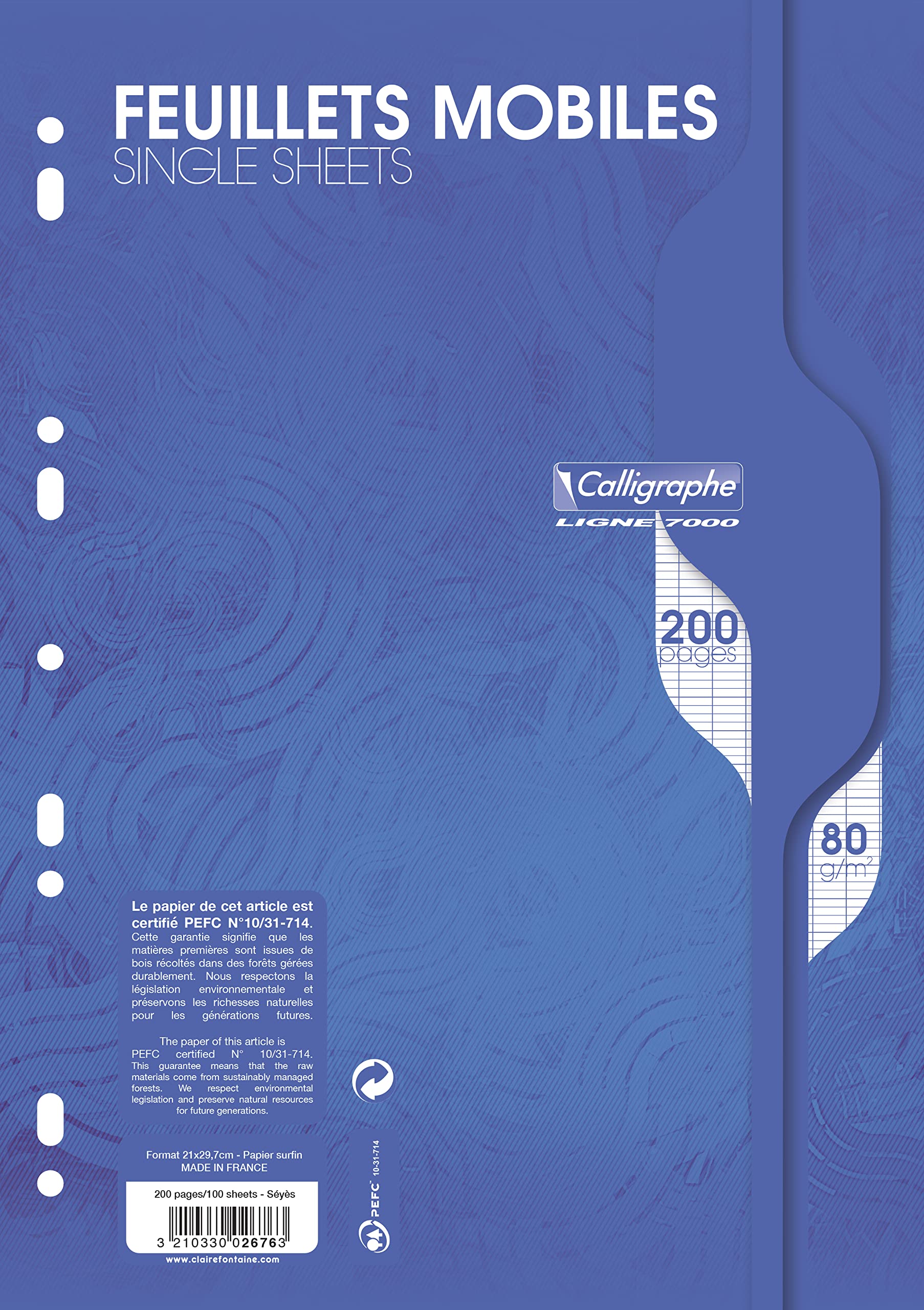 Calligraphe 2676C - One Package of Perforated Movable Sheets - Film Wrapped - (a Clairefontaine Brand) - A4 21x29.7 cm - 200 Seyes Ruled Pages - 80 g Paper