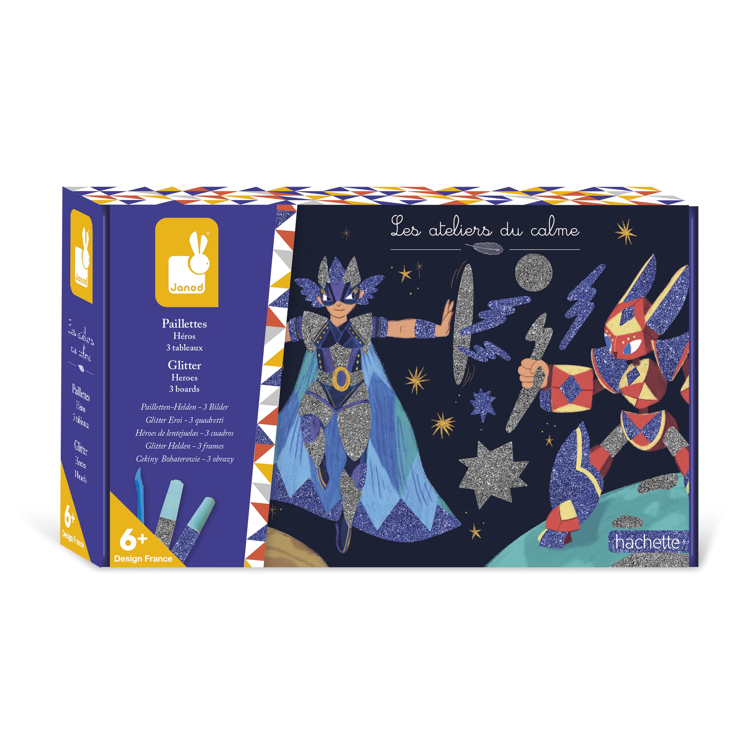 Janod - Superheroes Glitter Set - Les Ateliers du Calme - Children’s Arts & Crafts Kit - 3 Pictures to be Decorated - Mastering Fine Motor Skills & Concentration - 6 Years +, J07920