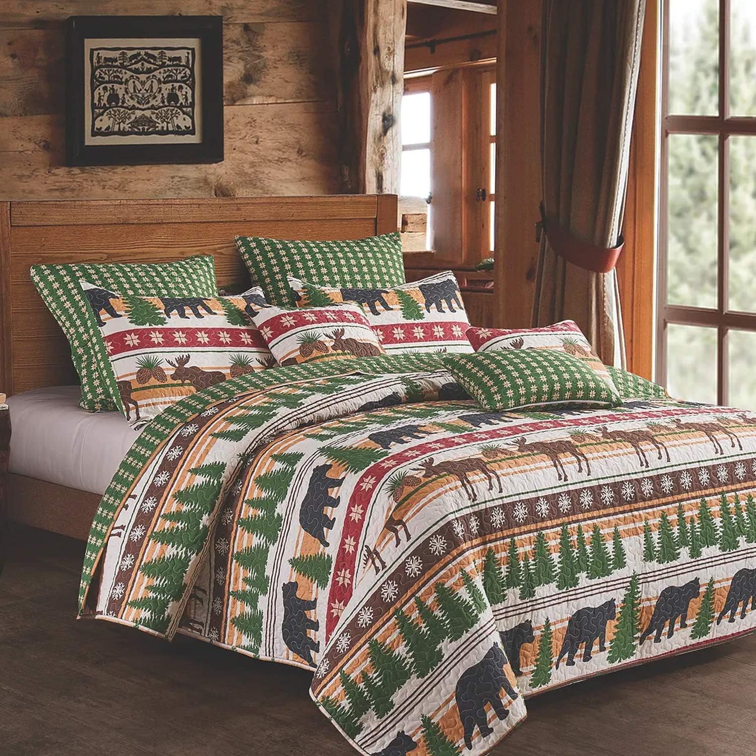 Quilt Bedding Set in King by Virah Bella - Christmas Wilderness Printed Lightweight Reversible Quilt with 2 Matching Pillow Shams - Cozy & Beautiful Lodge-Themed Bedding