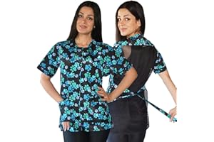 Ladybird Line Blue Paw Print Dog Grooming Smocks for Women - Pet Groomers Jacket with Zipper Panel, Mesh Back, & Back Tie