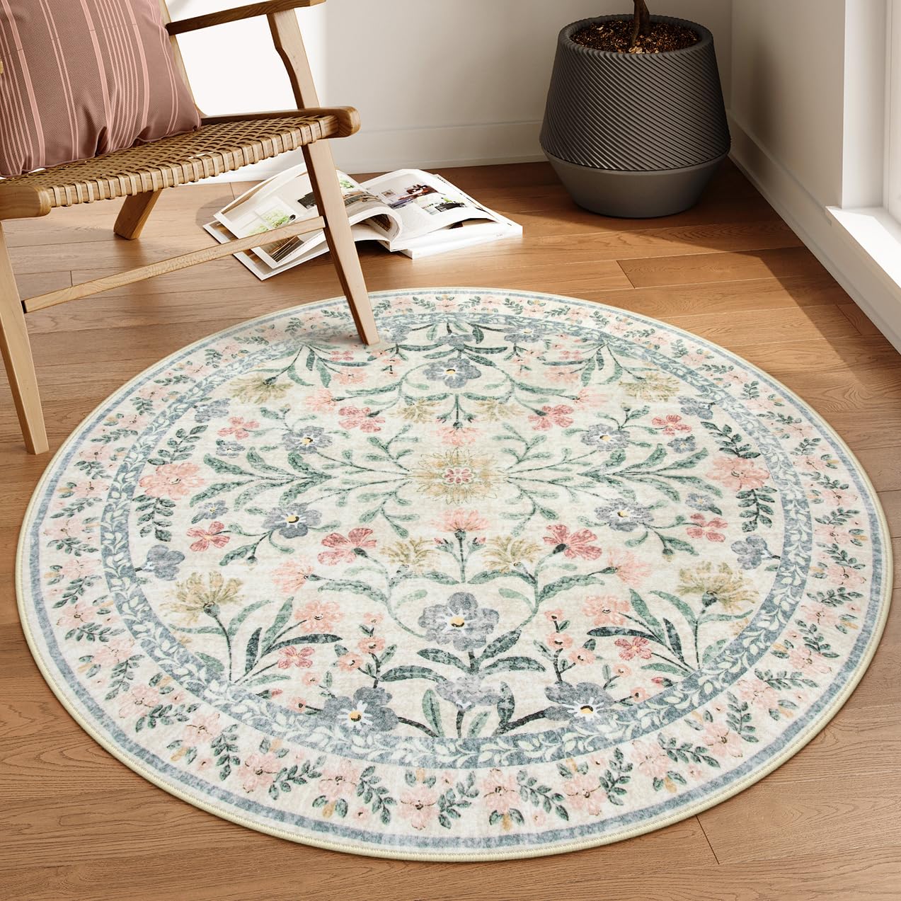 Photo 1 of Lahome Round Boho Floral Rugs 4ft, Cream Washable Circle Rugs for Bedroom, Vintage Beige Nursery Circular Carpet, Soft Non-Slip Carpet for Kids Room Playroom Calm Corner, Beige
