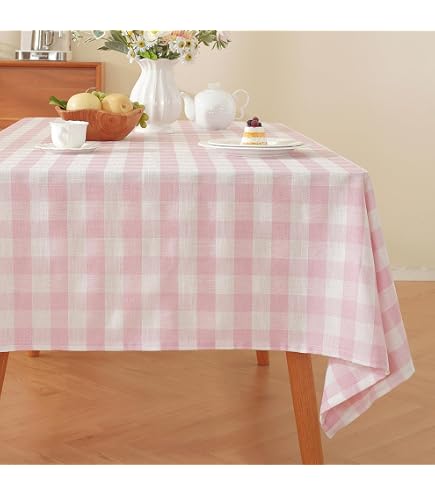 Alsoo Checkered Tablecloth - Pink & White Gingham, 55x75 Inches | Cotton Linen Blend With Tassels