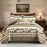FineStichery Cabin King Quilt Set, 100% Cotton Farmhouse Quilted Bedspreads, Bear Forest Tree Striped Lightweight Comforter, Reversible Bedding Set, 3 Pieces, Brown/Beige/Green