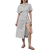 MSBESYOR Women Button Front Pleated Shirt Maxi Dress Summer Striped Prints Short Sleeve Collar Casual Long Dresses