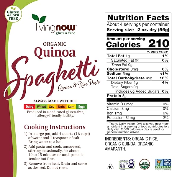 NOW FOODS, ORGANIC QUINOA SPAGHETTI, GLUTEN-FREE, CORN-FREE, NON-GMO, QUINOA AND RICE PASTA, 8-OUNCE