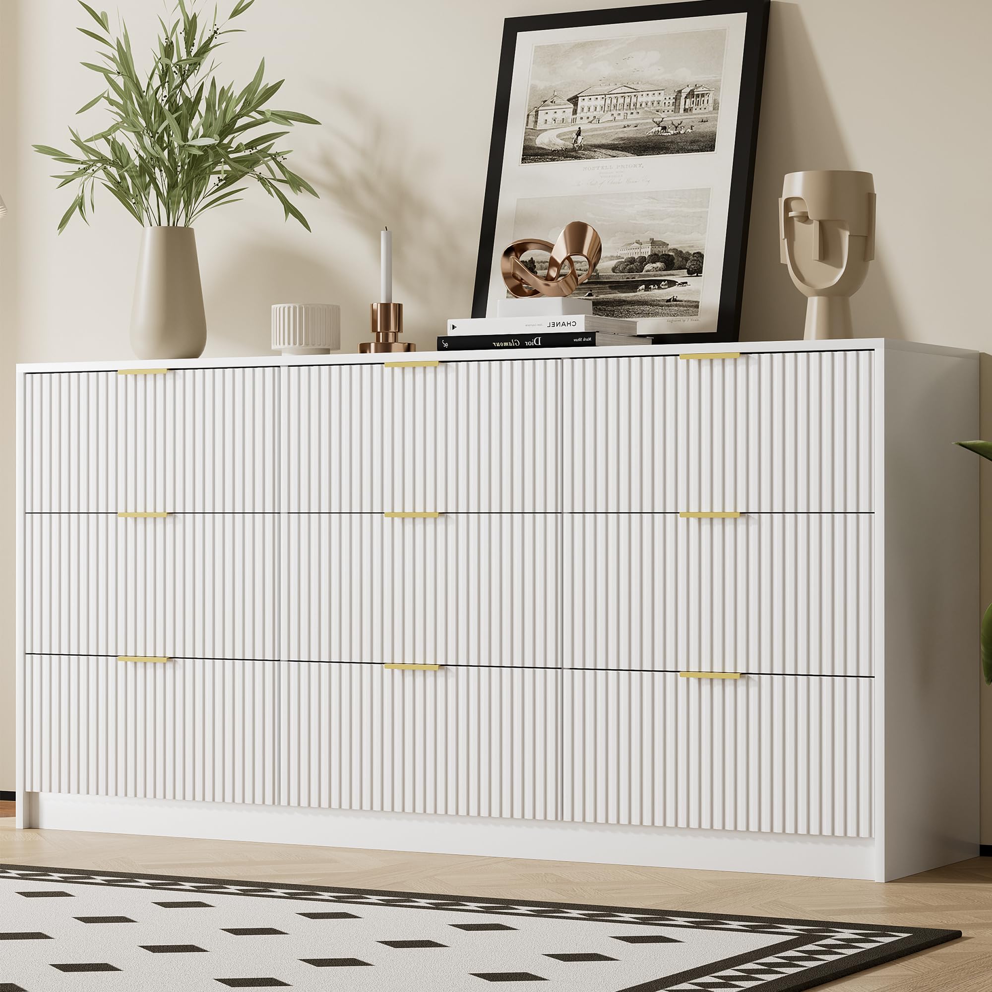 Furniway White Dresser for Bedroom, Modern 9 Drawer Dresser with Smooth Slides and Gold Handles, Wide Bedroom Chest for Living Room, Closet, 63" W x 15.7" D x 31.5" H