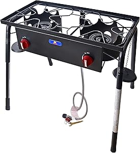 ARC, 7841 CSA Approval Stander Outdoor Burner Assembled, High Pressure Cast Iron Propane Double Burner for Backyard, Portable Gas Cooker, Camping Cooking Stove
