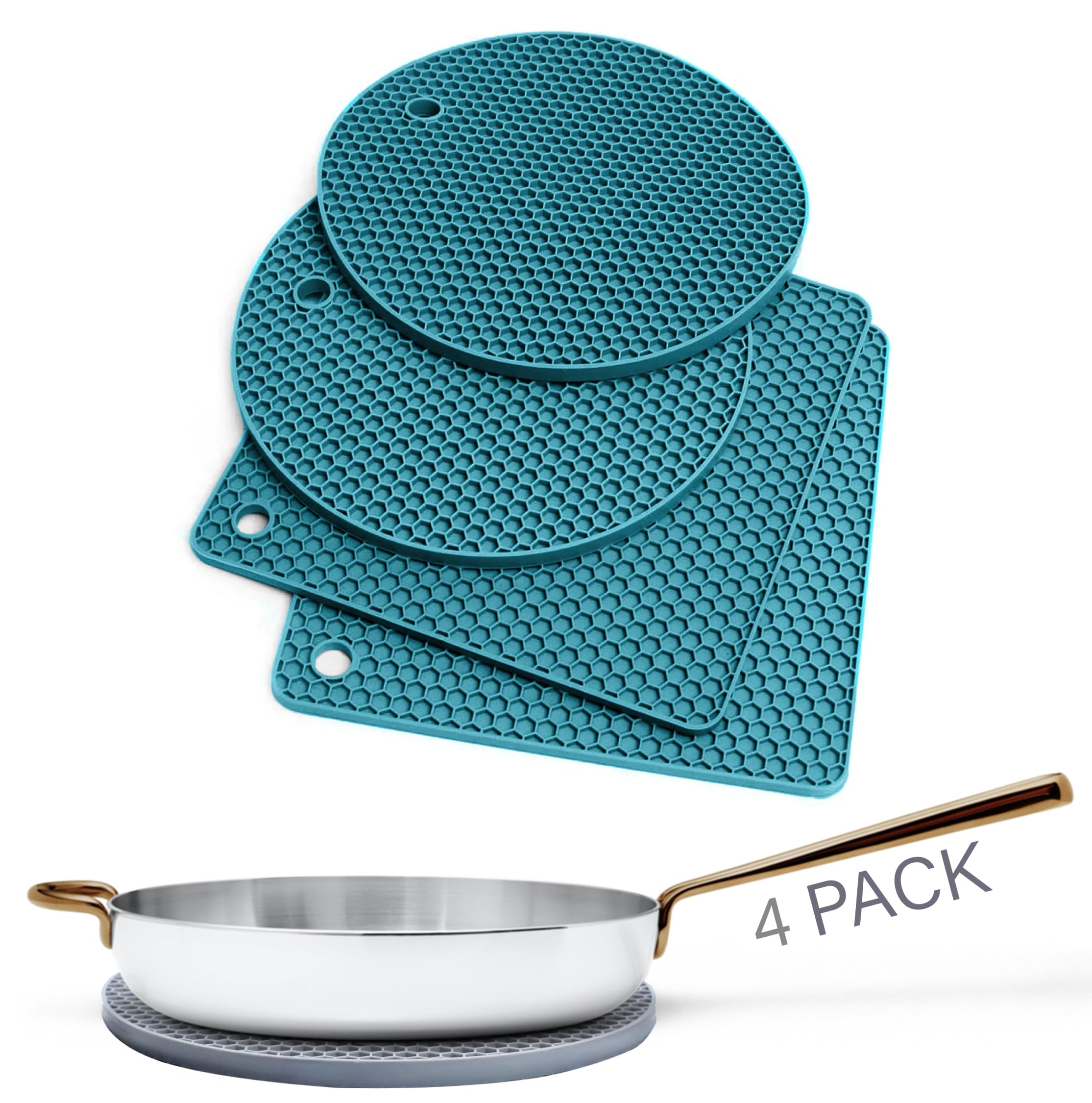 Silicone Trivets for Hot Pans and Pots (2 Pack) - Multipurpose Silicone Heat Resistant Mat and Pot Holder Trivet -Heatproof Mats for Kitchen by Linda's Essentials 2 Round 17.7cm + 2 Square 18.5cm-Teal