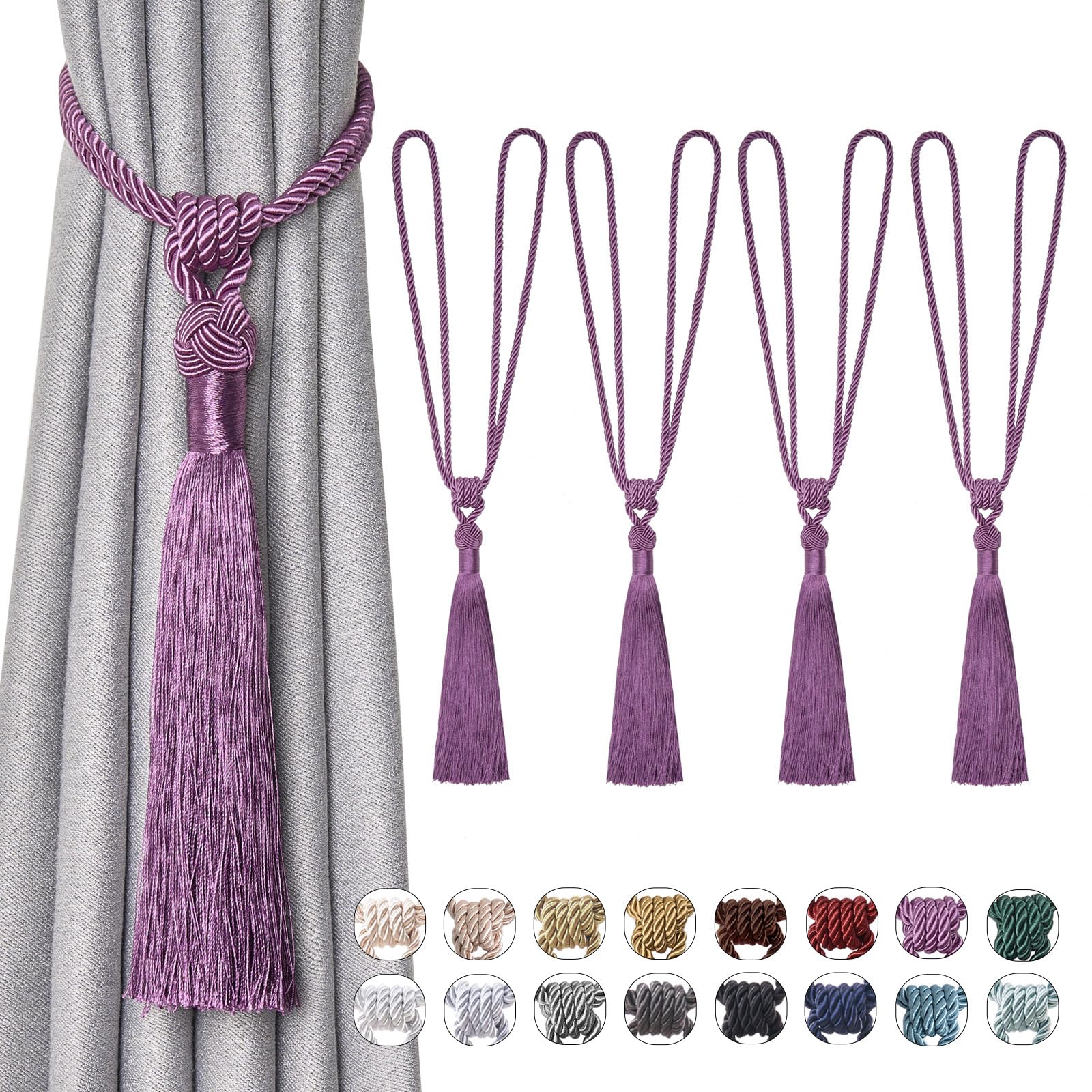 Pretty Jolly 4 Pack Long Tassel Curtain Tiebacks Handmade Braided Rope Knot Drape Tie Backs European Style Decorative Curtain Holdbacks for Home & Office Window Drapery (Purple)