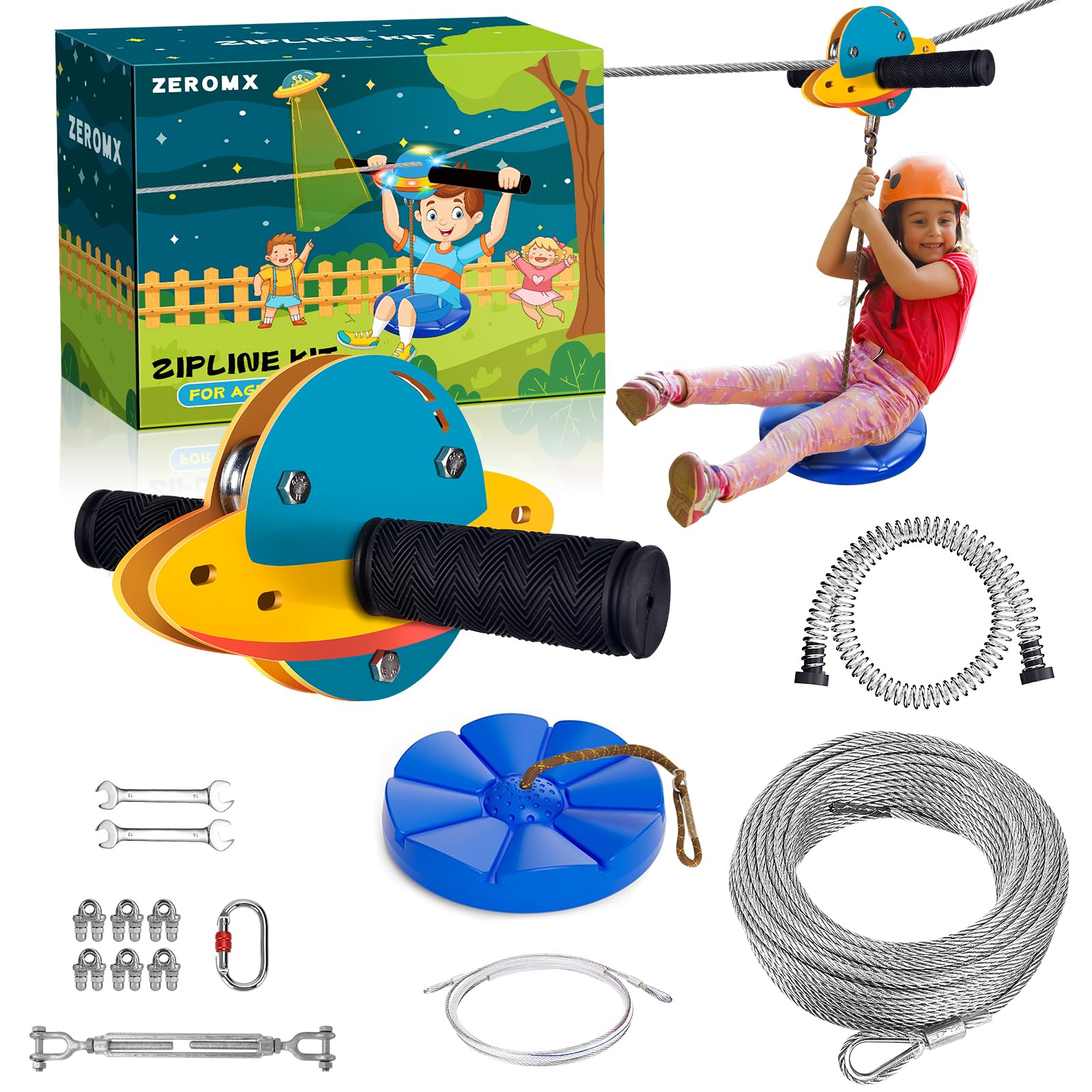 Photo 1 of ZEROMX Zip Line Kit for Kids and Adults Outdoor, UFO Trolley 75/100/120/150ft Zipline for Backyard, Up to 350 Lbs, Included Swing Seat, Ziplines Stainless Steel Brake and Safety Cable