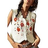 GORGLITTER Women's Crochet Boho Embroidered Vest Tops Floral Sleeveless Button Up Knit Tank Top Western Cowgirl Outfits