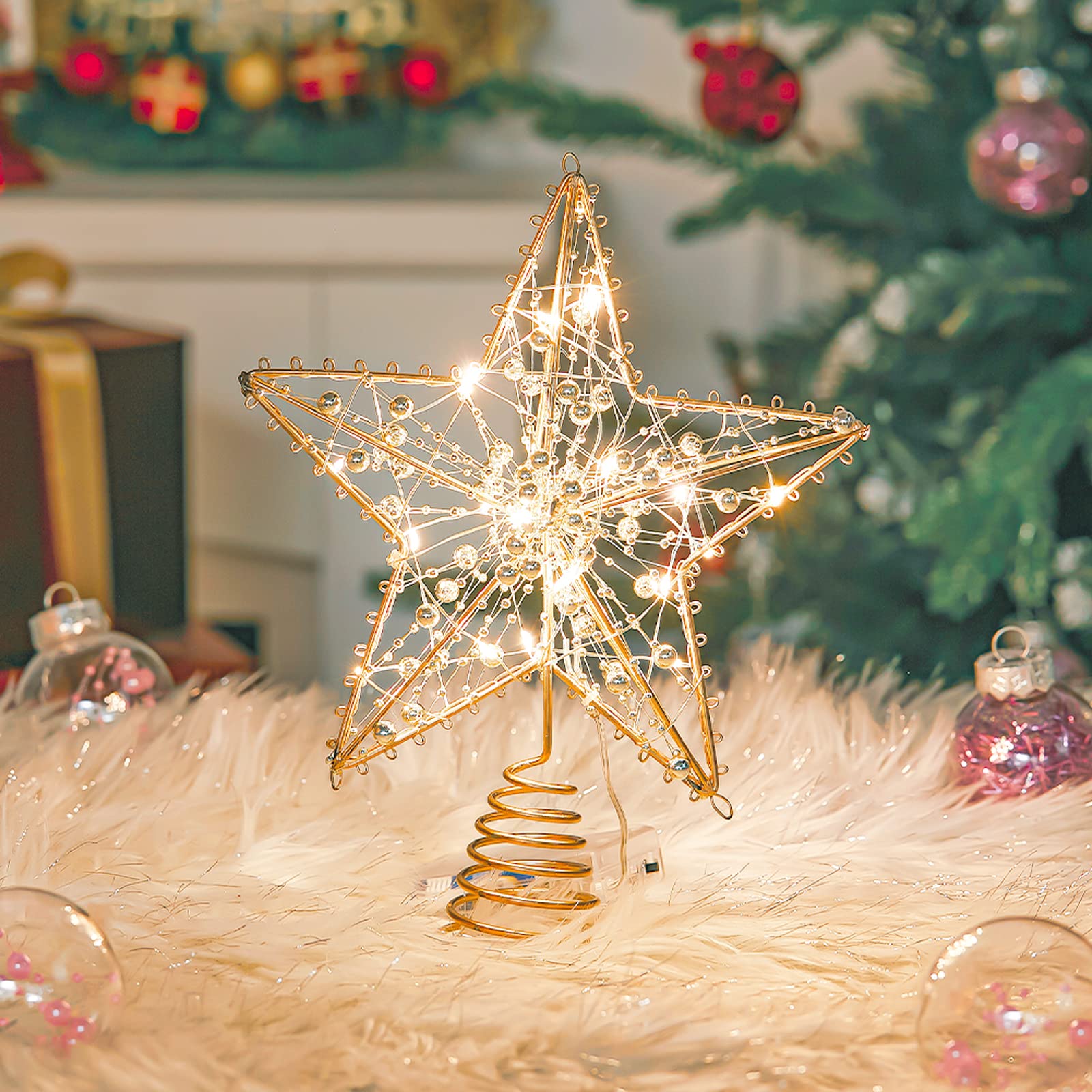 Qivange Christmas Tree Topper Star,Christmas Tree Decorations Star Gold Christmas Decorations Glittering Star with 20 LED Lights,Xmas Tree Decorations Star Ornaments for the Home Xmas Party Decor