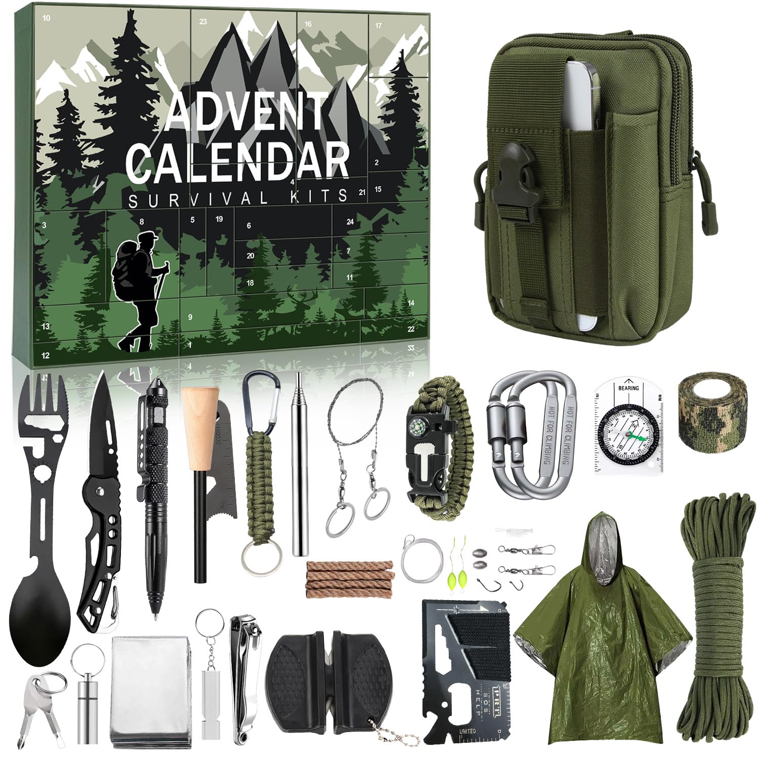 MH MYLUNE Tactical Survival Calendar - 24 Days Christmas Countdown Advent with Waist Bag, Fire Bellows and Poncho | Premium Survival Equipment as a Gift for Outdoor Men, Camping, Adventure