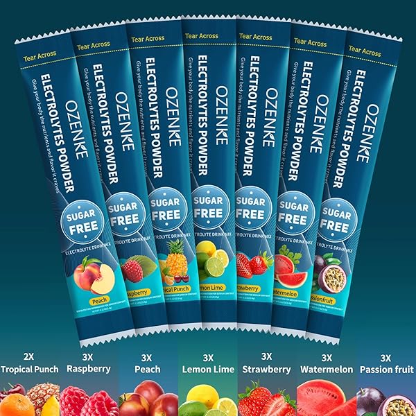 OZENKE ELECTROLYTES POWDER PACKETS, HYDRATION PACKETS, ELECTROLYTES POWDER NO SUGAR, PORTABLE ELECTROLYTE DRINK MIX FOR RAPID HYDRATION, SUGAR FREE & LOW SODIUM | 0 CALORIE | 7 FLAVORS | 20 STICKS