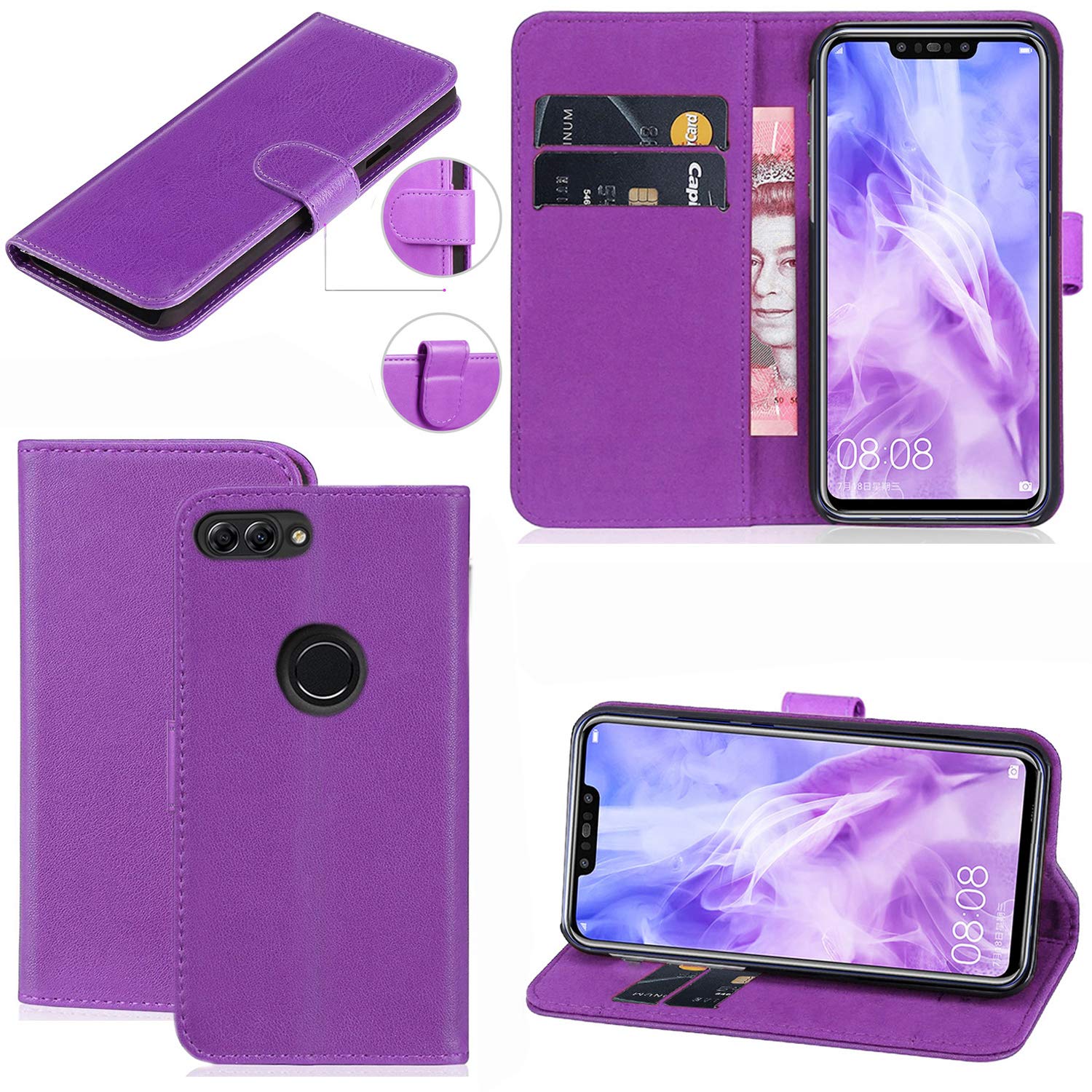 Mobile Stuff Huawei P Smart Case, [Kickstand] [ Card Slot] [Magnetic Closure] TPU Bumper, Full Body Protection Flip Folio Leather Cover Case for Huawei P Smart/Huawei Enjoy 7S (Purple)