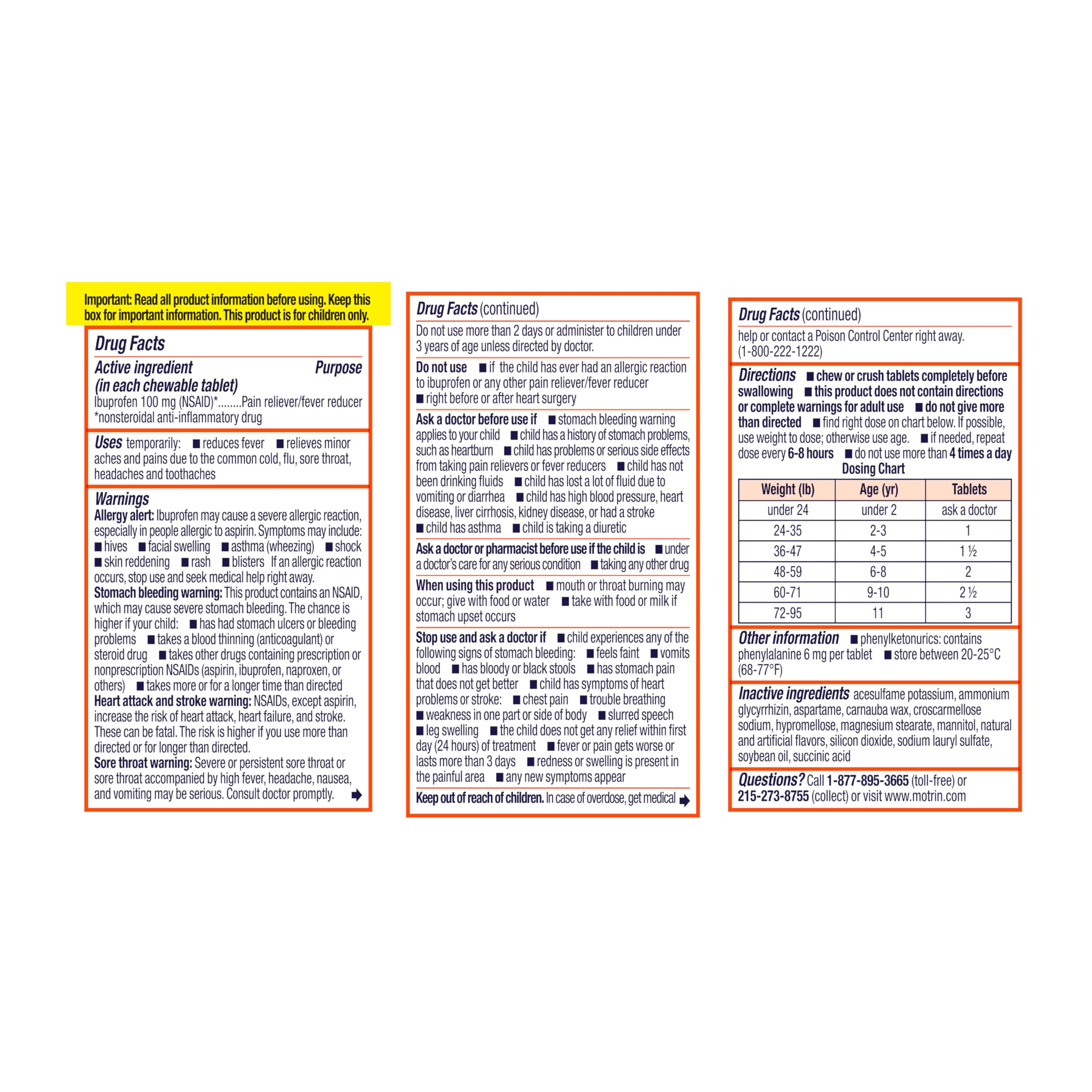 Children's Motrin Dye-Free Chewable Tablets with Ibuprofen, Kids' Fever Reducer & Pain Reliever for Sore Throat, Fever, Toothache & Pain Relief, Grape Flavor, 24 ct
