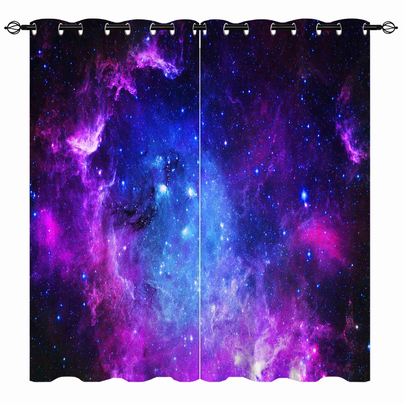 YUANZU Galaxy Curtains - Space Purple Blue Nebula Universe Sky Stars Print Pattern Eyelet Blackout Thermal Insulated & Room Darkening Window Drapes for Kids Boys Girls Bedroom 2 Panels W75cm x D166cm