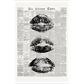 Trendy Newspaper Wall Art Vintage Black And White Kiss Lips Posters Retro Cool Girl Canvas Prints Funky Girly College Wall Decor for Girl Dorm Room Bedroom 12x16in Unframed