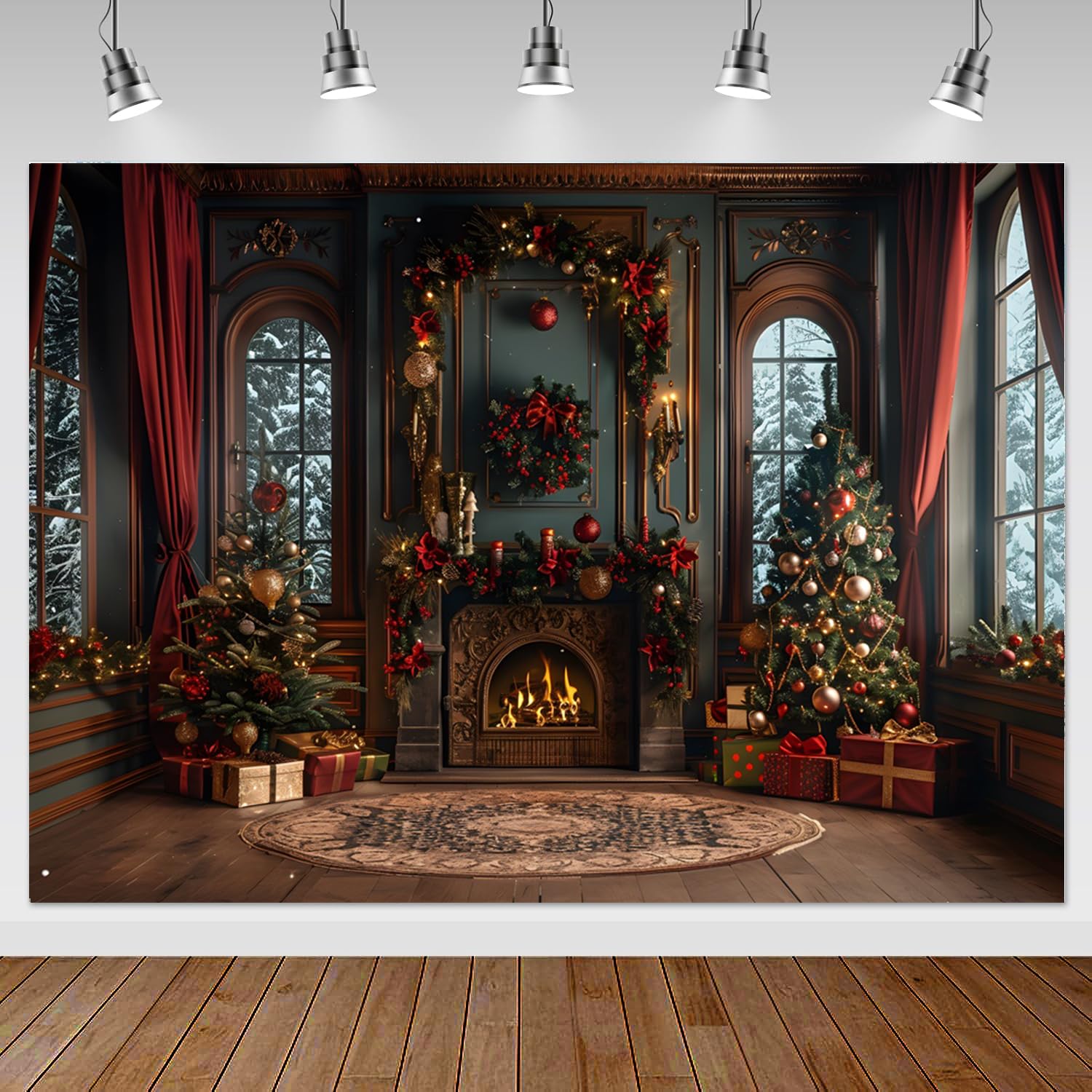 Mocsicka 7x5ft Red Christmas Window Backdrop for Photography Black ...