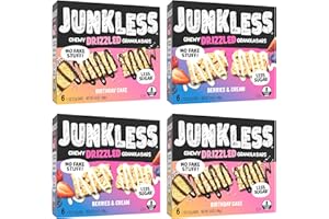 JUNKLESS Chewy Granola Bar 2‑Flavor Variety Pack (24 Bars)–Non‑GMO, Gluten‑Free, Less Sugar Snack Bars— Drizzled Birthday Cake & Berries & Cream, 4 Boxes
