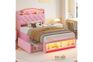 HAUOMS Twin Size Bed Frame with LED Lights & 4 Drawers, Princess Velvet Upholstered Platform Bed for Girls, Headboard with Charging Station & Guardrail & Crystal Button, No Box Spring Needed, Pink
