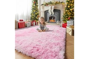 Amdrebio Tie-Dyed Pink and White Area Rugs for Girls Bedroom, Plush Kawaii Fuzzy Throw Princess Rug for Kids Room Playroom, Soft Fluffy Furry Shaggy Carpet for Nursery, 4x6, Cute Room Decor for Baby