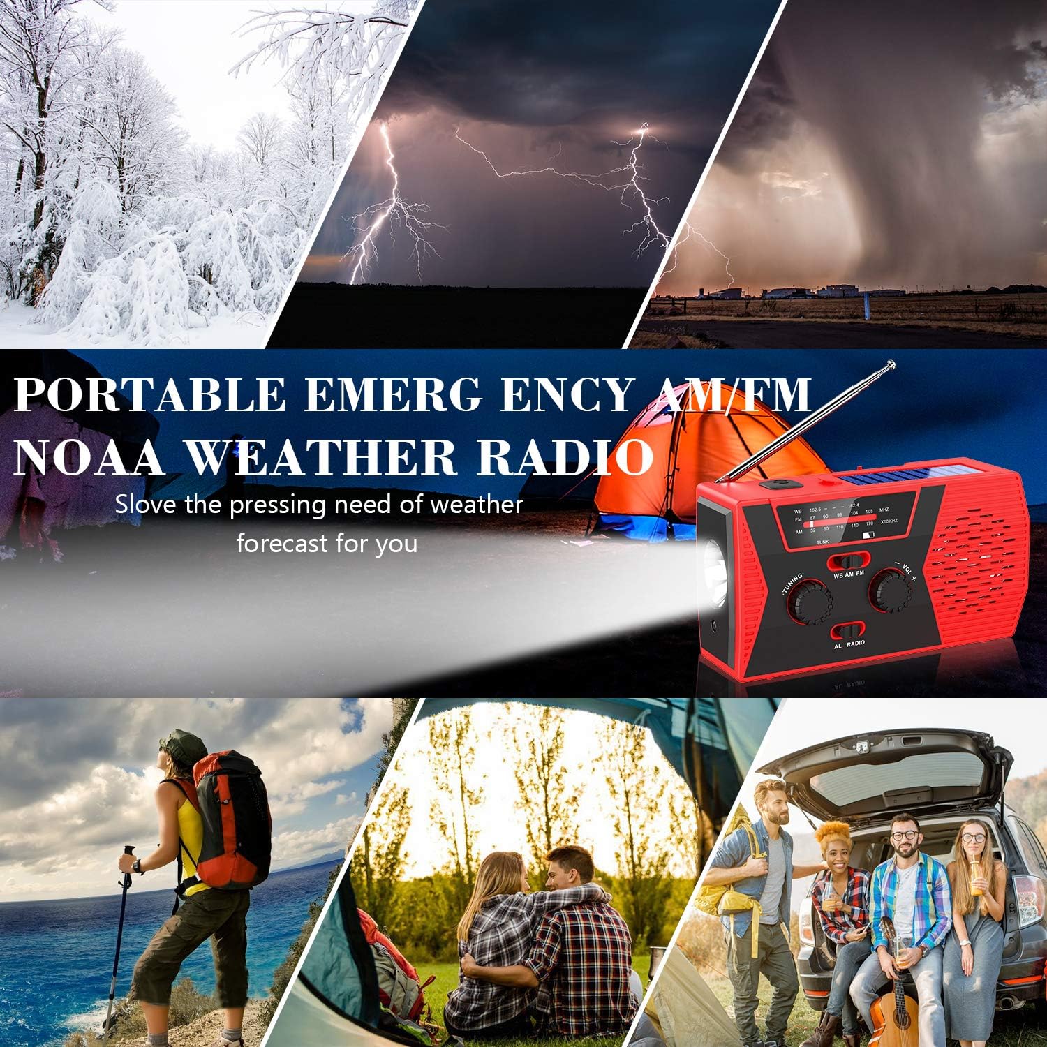 Emergency Solar Hand Crank Portable Radio, NOAA Weather Radio for Household and Outdoor Emergency with AM/FM, LED Flashlight, Reading Lamp, 2000mAh Power Bank USB Charger and SOS Alarm: Home Audio & Theater