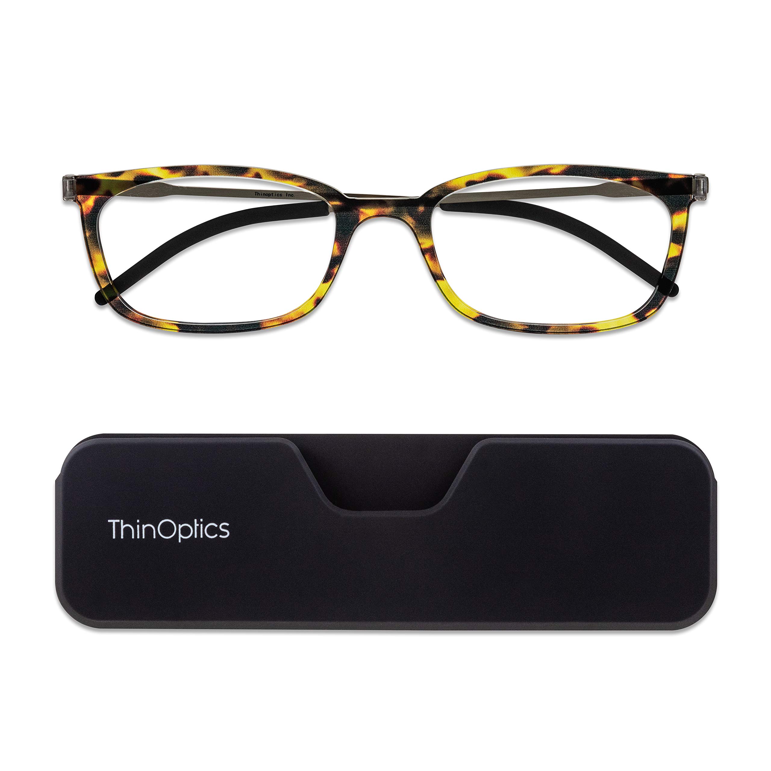 ThinOptics Connect Ultra-Thin Reading Glasses 2.00 Tortoiseshell Frames - Magnetic Case Attaches to Phone - +2.0 Strength Rectangular Readers - Unisex for Men & Woman