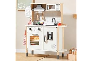 Tiny Land Play Kitchen for Kids, Wooden Kids Play Kitchen Playset Chef Pretend Play Set for Toddlers with Real Lights & Sounds, Toys Kitchen with 18 Pcs Toy Food & Cookware Accessories