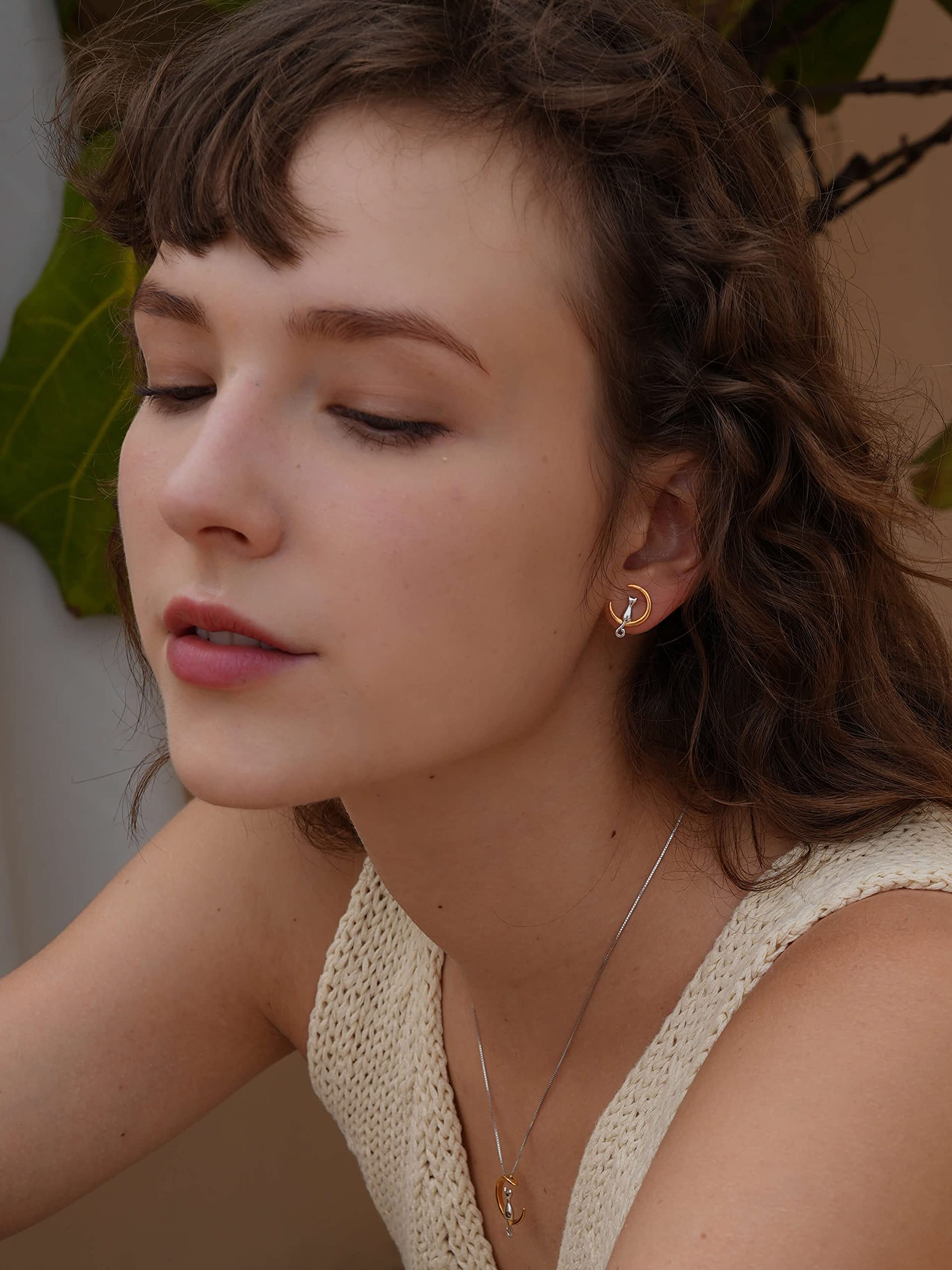 S.Leaf 18Karat Plated Cat Earrings for Women 925 Sterling Silver Hypoallergenic Cat Moon Stuff Lovers Jewelry for Women Trendy Birthday Friendship Anniversary Best Gifts for Women Her Party