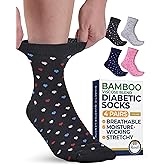 Pembrook Ankle Diabetic Socks for Women & Men - 4 Pairs Bamboo Viscose Moisture-Wicking, Non Binding, Wide Top Diabetic Ankle Socks for Women, Hearts (Black, Gray, Navy, Pink)