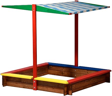 dobar 94355FSC - Sandkasten Holz mit Dach, groß XL viereckig, Sandkiste Sonnendach für Kinder Outdoor, 120 x 120 x 125 cm, FSC-Holz, bunt