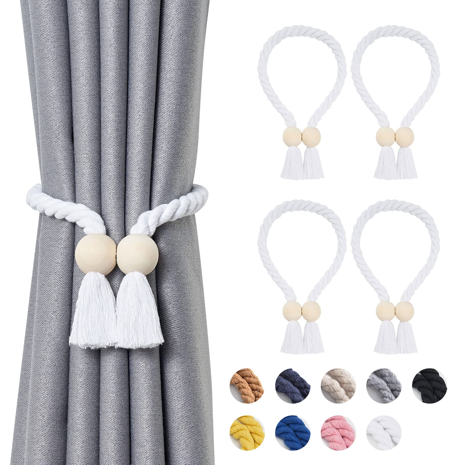 Pretty Jolly 4 Pack Wooden Ball Magnetic Curtain Tiebacks Boho Home Decor Drape Tie Backs Natural Cotton Hand Woven Rope Curtain Holdbacks for Thin & Thick Home & Office Window Draperies (White)