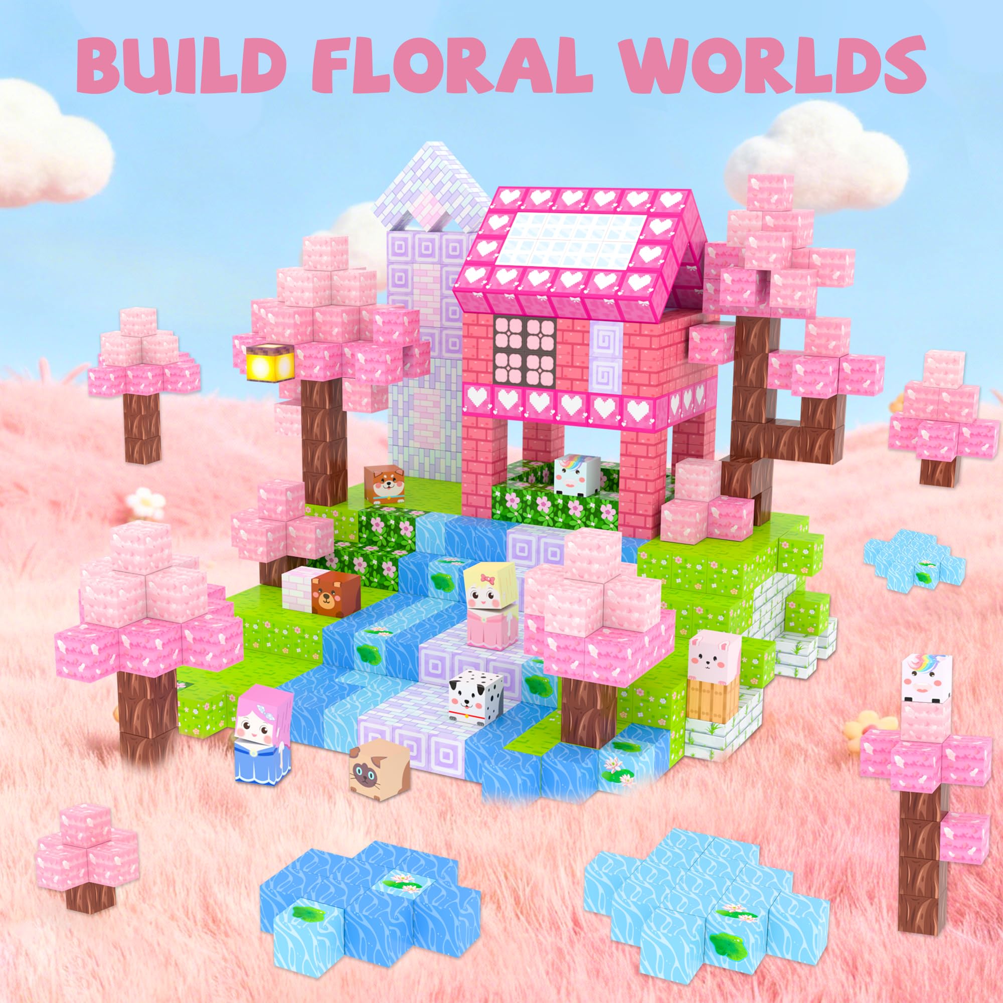 Winchoice 100PCS Magnetic Blocks Princess Building Toys for Girls 3+, Magnetic Cubes Sensory Gifts for Kids, Pink Magnet Blocks for Christmas Birthday, 1 Inch