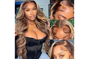 SPOU Highlight Ombre 13x6 Lace Front Wig Human Hair 28 Inch Body Wave Honey Blonde Glueless HD Transparent Lace Frontal Wigs for Women 180 Density Human Hair Pre Plucked with Baby Hair