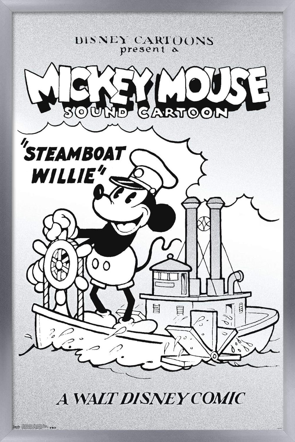 Trends International Disney Mickey Mouse - Black and White Steamboat Willie Wall Poster, 14.725" x 22.375", Silver Framed Version