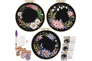 ERKOON 3 Sets Embroidery Kit, Floral Cross Stitch Set for Include Embroidery Cloth Hoops Threads for Craft Lover Hand Stitch (Garlands)