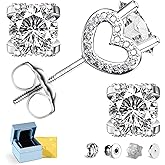 LuckyClub Moissanite Heart Screw Back Earrings, Lab Round Cut Diamond Stud Earrings for Women, 18K White Gold Plated 925 Sterling Silver Hypoallergenic Diamond Earrings, D Color VVS1 Clarity Lab Created Moissanite for Valentine's Day Jewelry Gifts(0.5-3ct)
