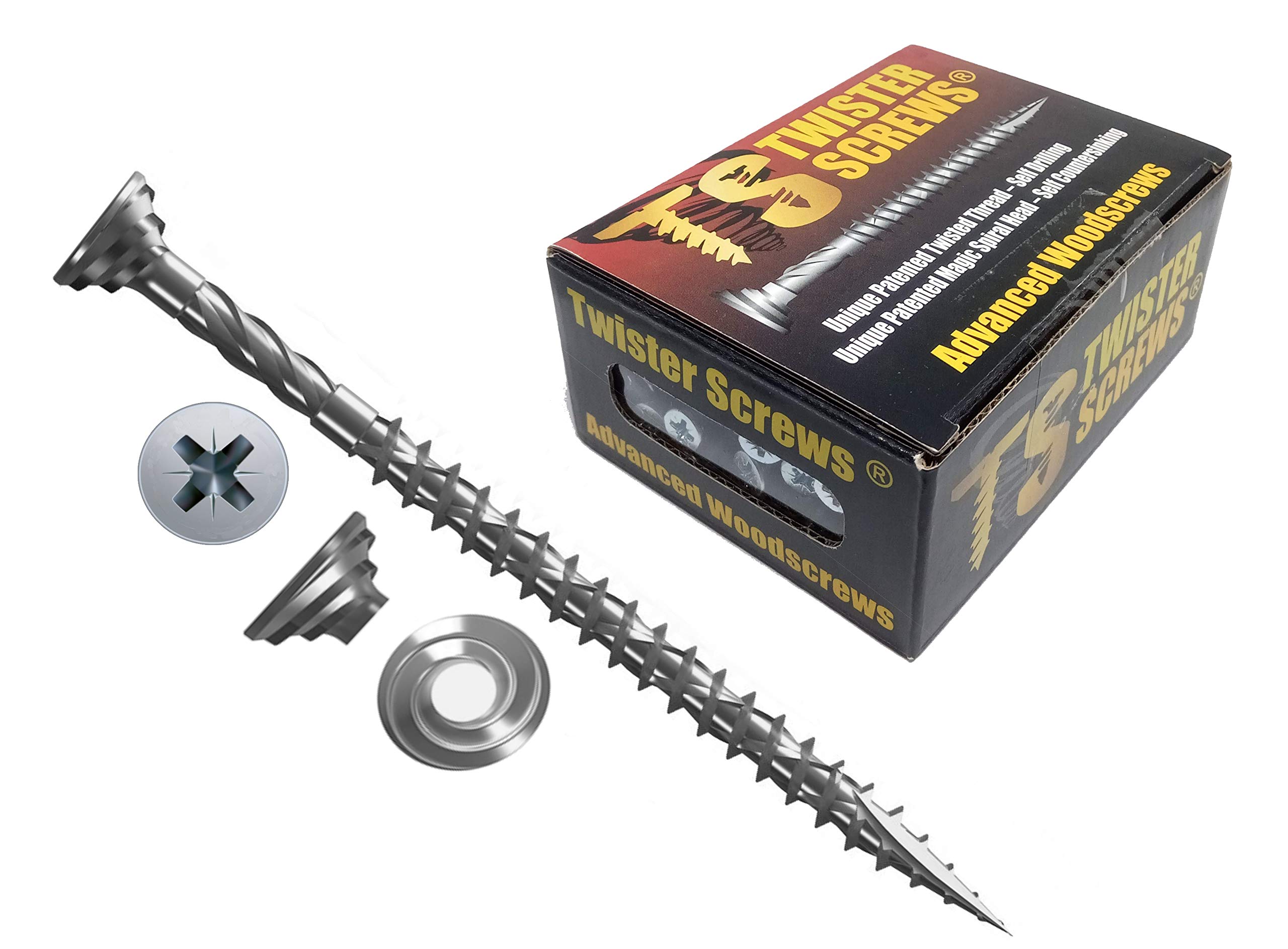 Twister Screws Premium Double-Threaded Wood Screws | 4mm x 60mm | Box of 200 | Self Drilling, Self Countersinking, Zinc-Plated, Ultra Sharp Quick Grab Point
