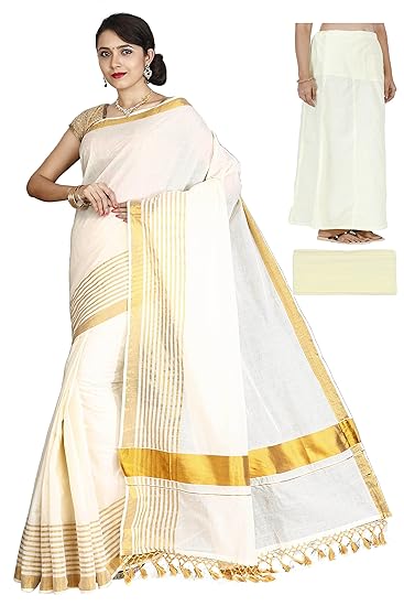 cotton Kasavu zari stripe saree with fringes, Petticoat and Falls combo