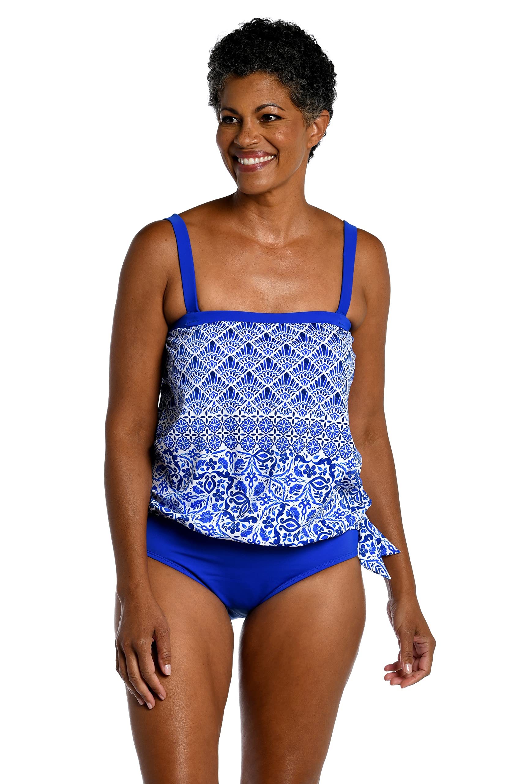 Maxine Of Hollywood Women’s Standard Bandeau Tankini Swimsuit Top, Cobalt//Grecian Tile, 8