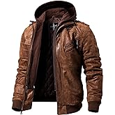 FLAVOR Men Brown Leather Motorcycle Jacket with Removable Hood