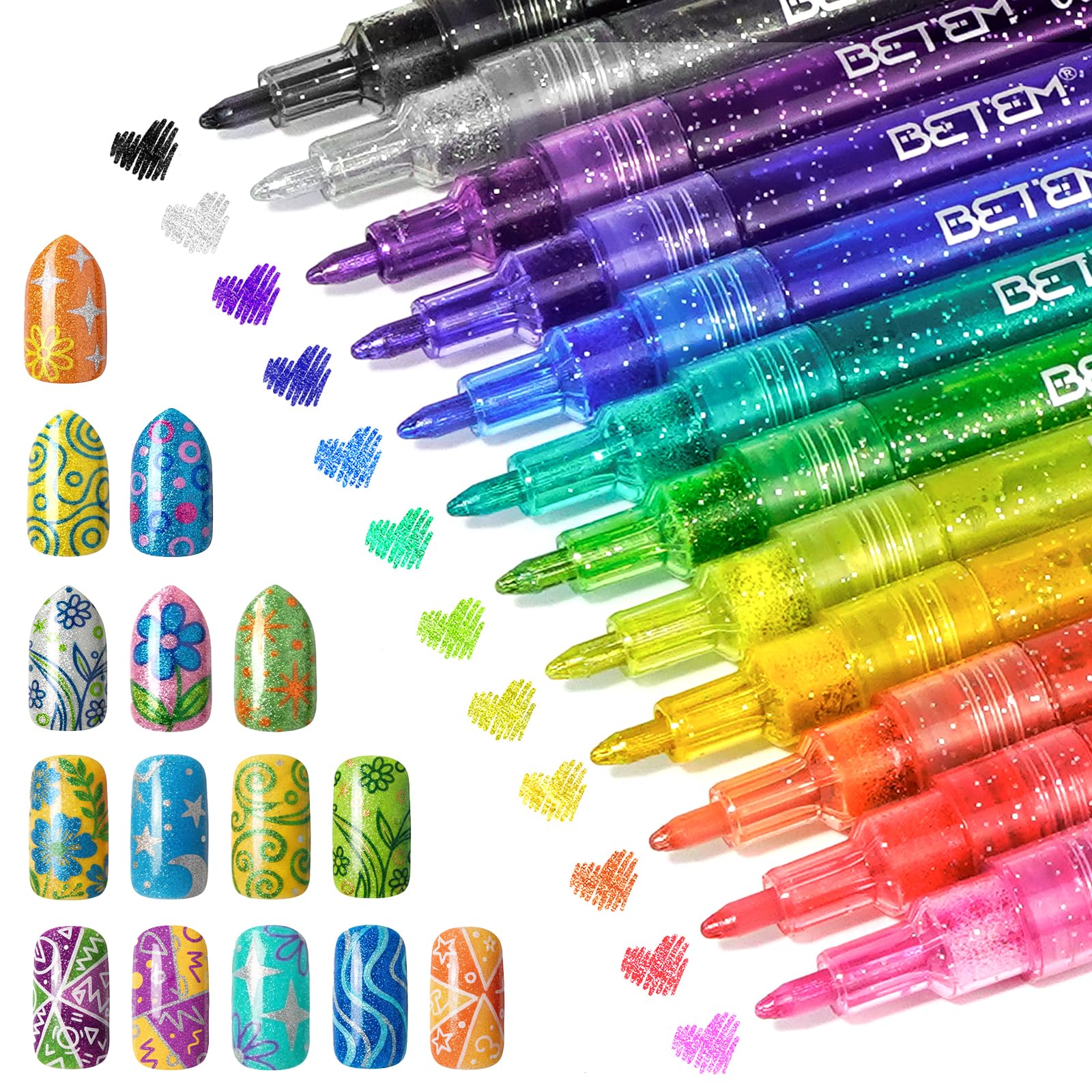 Photo 1 of 12 Colors Glitter Nail Art Pens Set, 3D Quick-Dry Water-based Ink Glitter Nail Art Markers DIY Manicure Kit for Home Salon Nail Designs, Glitter Pens Markers Nail Polish Pens Graffiti Dotting Pen