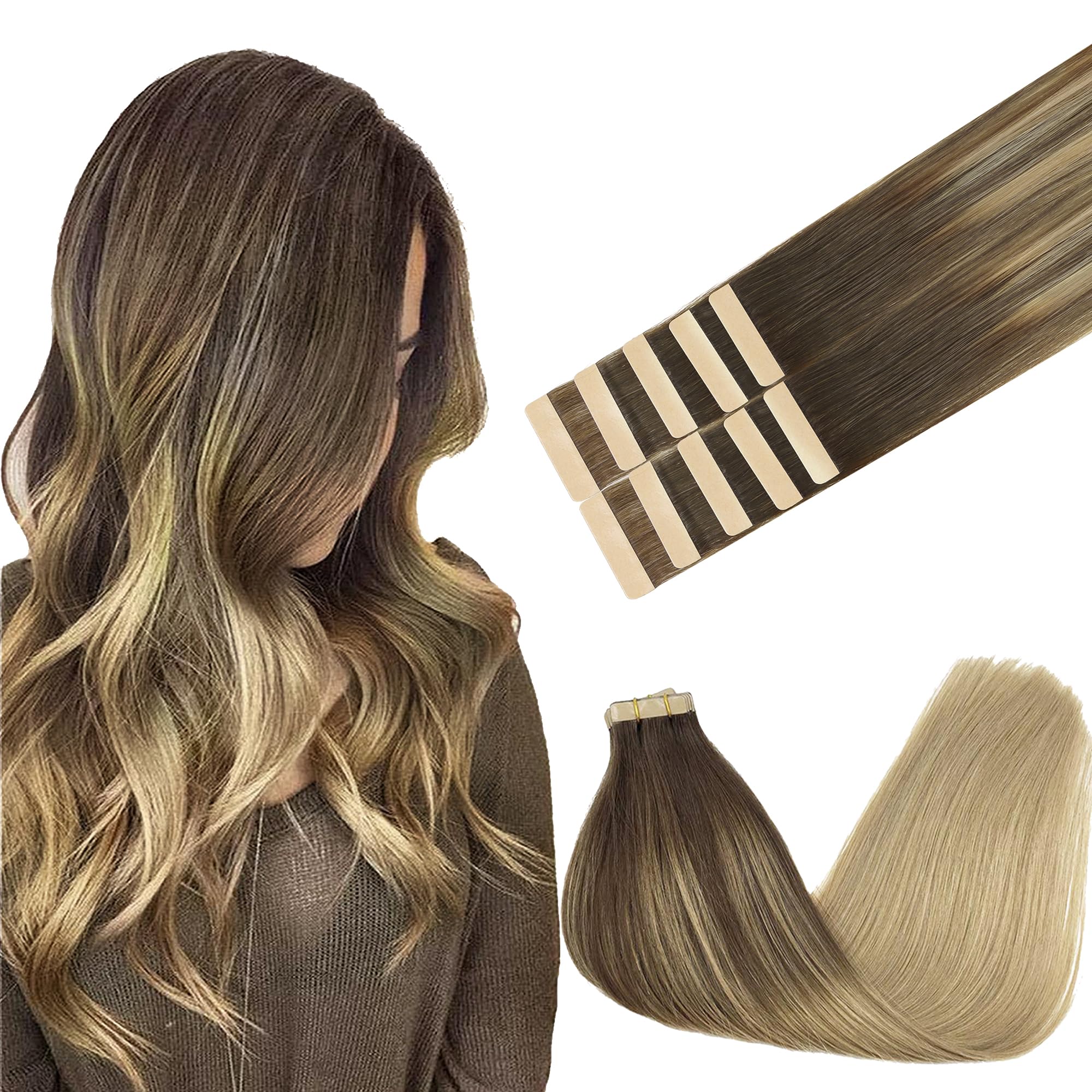 GOO GOO Tape in Hair Extensions, 18inch 25g 10pcs, Real Remy Hair Extensions Seamless Straight Tape in, 4/18 Chocolate Brown Highlighted Dirty Blonde