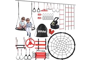 Hapfan 50 ft Ninja Warrior Obstacle Course for Kids with Tree Swing, Portable Slackline Swing Set with Weather-Proof Obstacles, Tree Jungle Gym Outdoor Playset for Backyard Outside