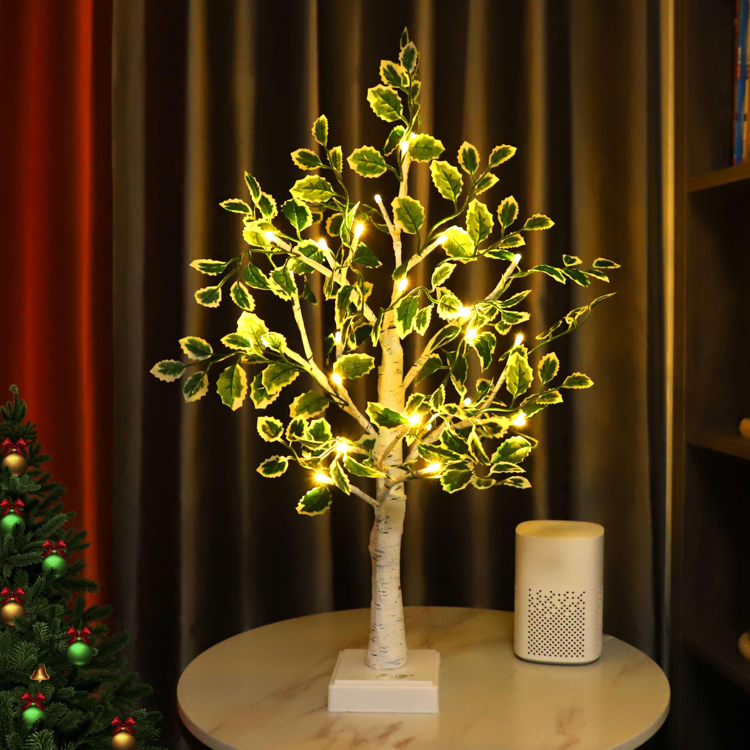 Photo 1 of 24 LED Artificial Tree Lamp, Lighted Trees for Indoor Decor USB/Battery Powered with Timer, DIY Green Leaves Light Up Tree Fairy Spirit for Table Home Bedroom Spring Decoration