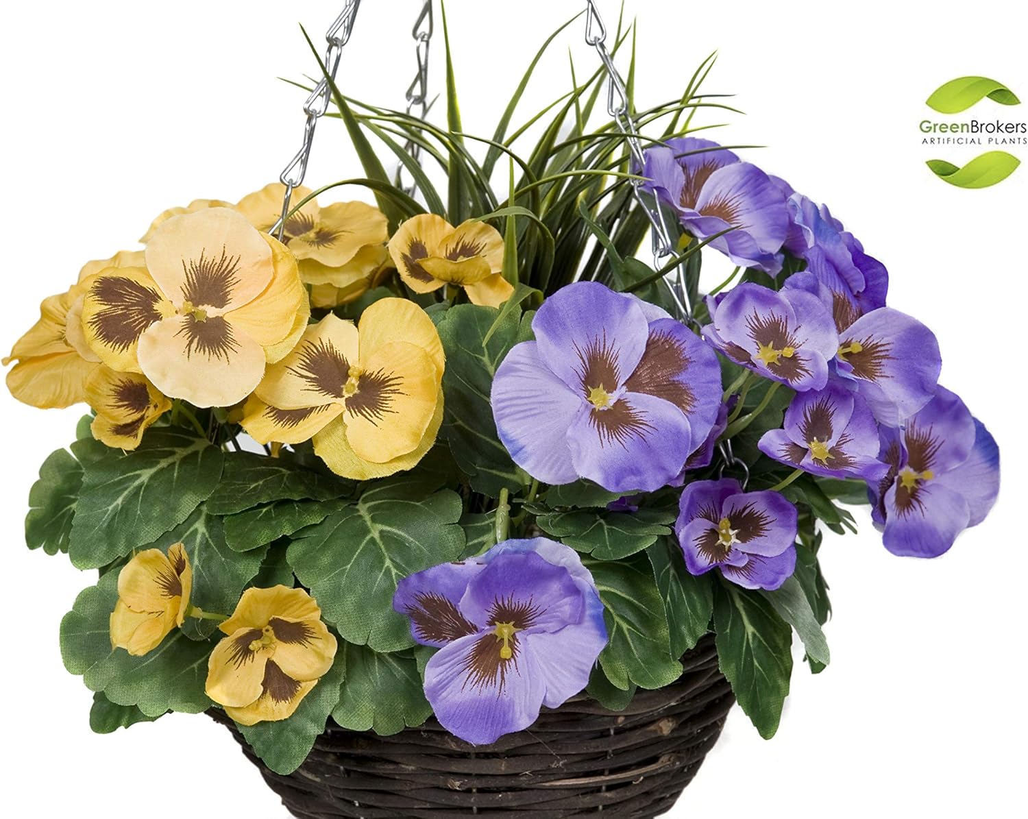 GreenBrokers Purple & Yellow 2X Artificial Hanging Baskets Pansies and Decorative Grasses (Set